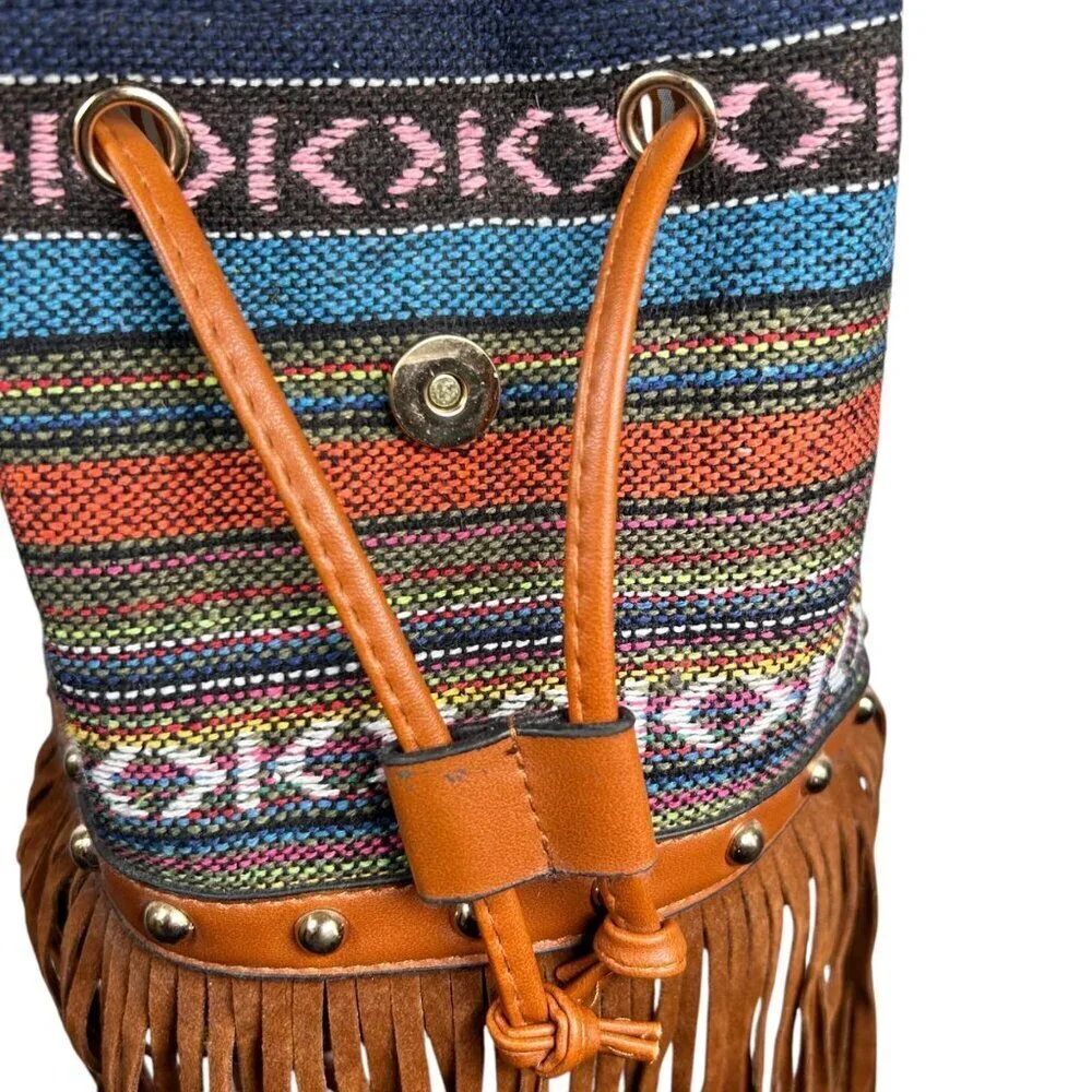 Boho Western Aztec Bucket Bag Fringe Backpack Crossbody Cinched Brown - Picture 7 of 8